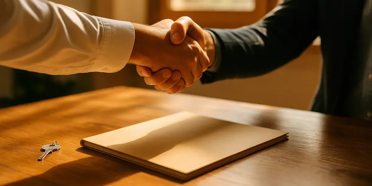 Handschlag über dem Schreibtisch nach erfolgreichem Verkauf